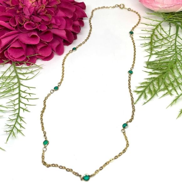 Vintage Jewelry - VINTAGE⚜️JAPAN Emerald Green Crystal Gold Filled Chain Linked Necklace